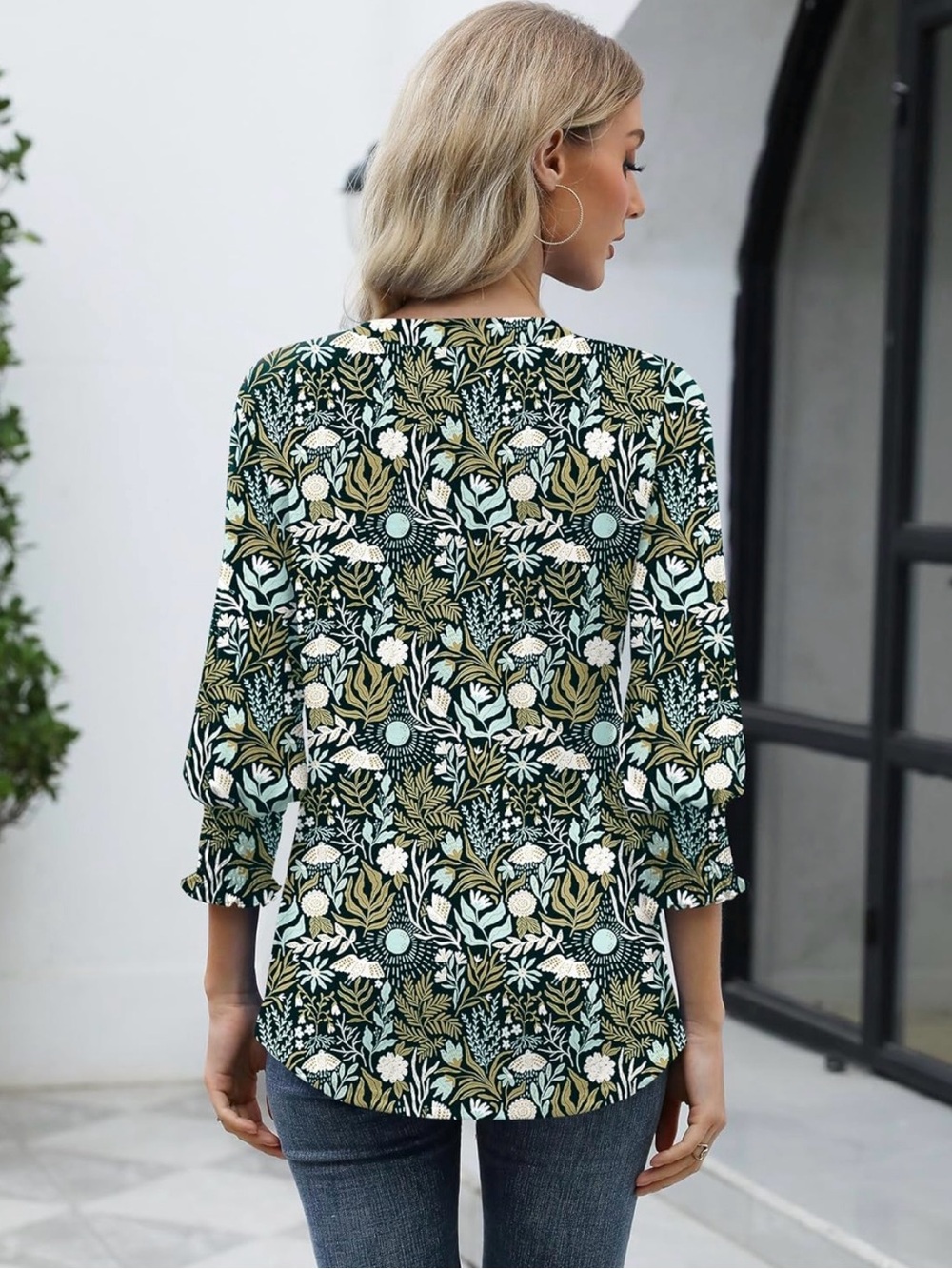 Botanical V-Neck 3/4 Sleeve Blouse in Dark Green Floral - Picture 2 of 3